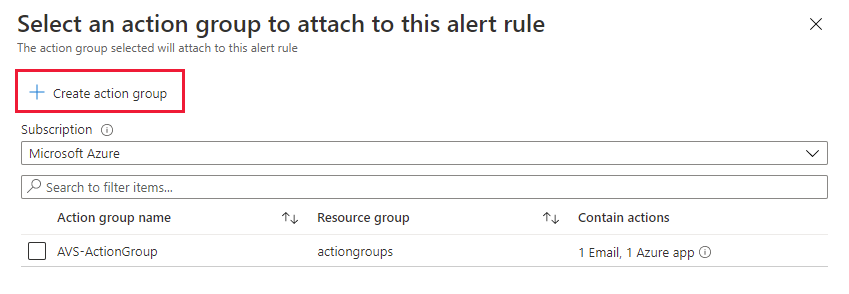 Screenshot that shows the action groups to select for the
alert.