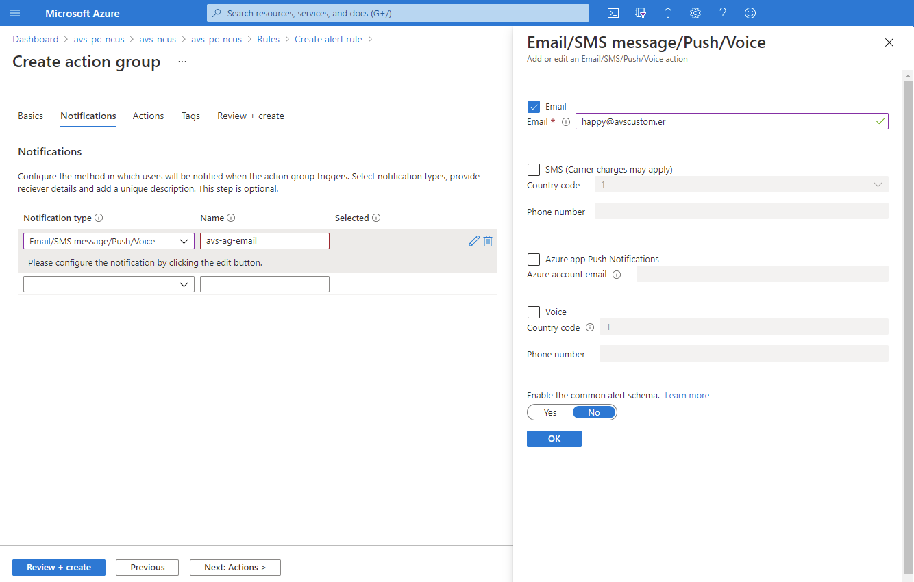 Screenshot that shows the email, SMS message, push, and voice settings for
the alert.