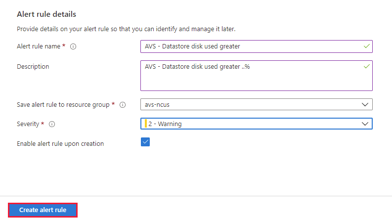 Screenshot that shows the details for the alert
rule.